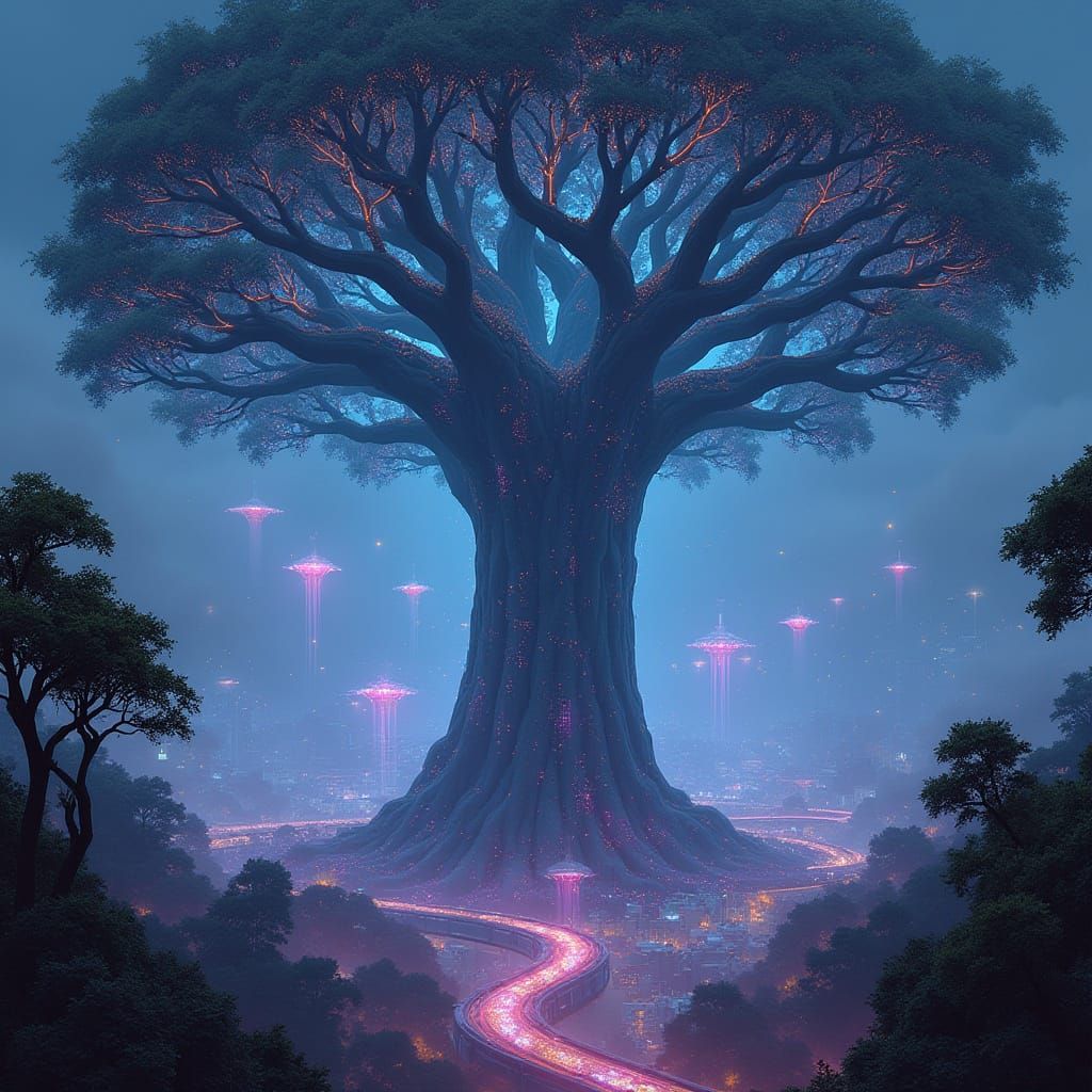 Bioluminescent Tree Over Futuristic Cityscape