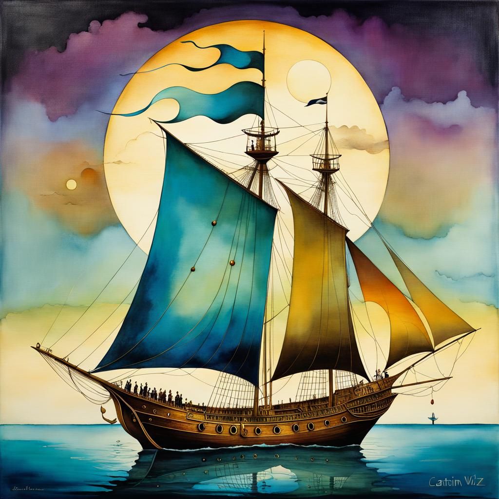 Surreal Ship Voyage in Cel-Shaded Alcohol Ink Style