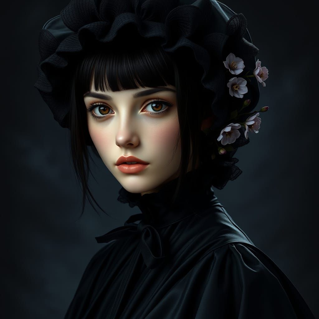 Ethereal Woman in Mourning Attire Under Moonlight