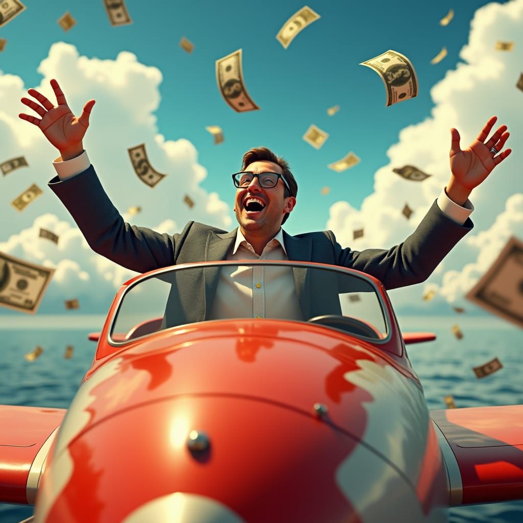 Vintage Airplane Passenger Surrounded by Flying Money