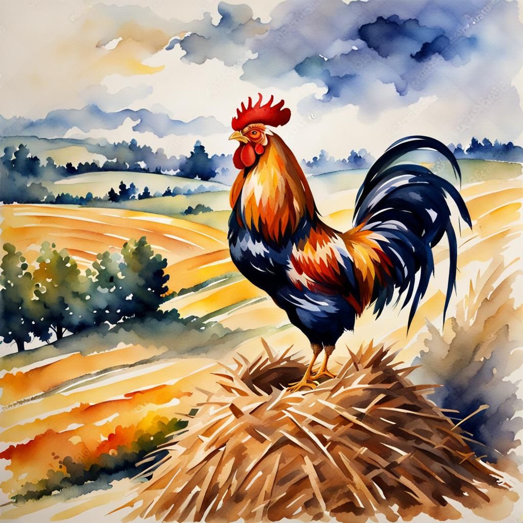 Watercolor Rooster Crowing on Haystack at Sunrise