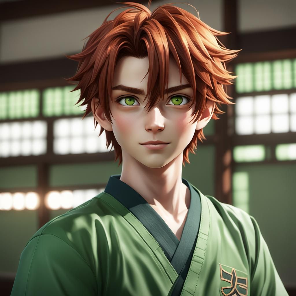 Boy Practicing Sword in Dojo: 3D Anime Art