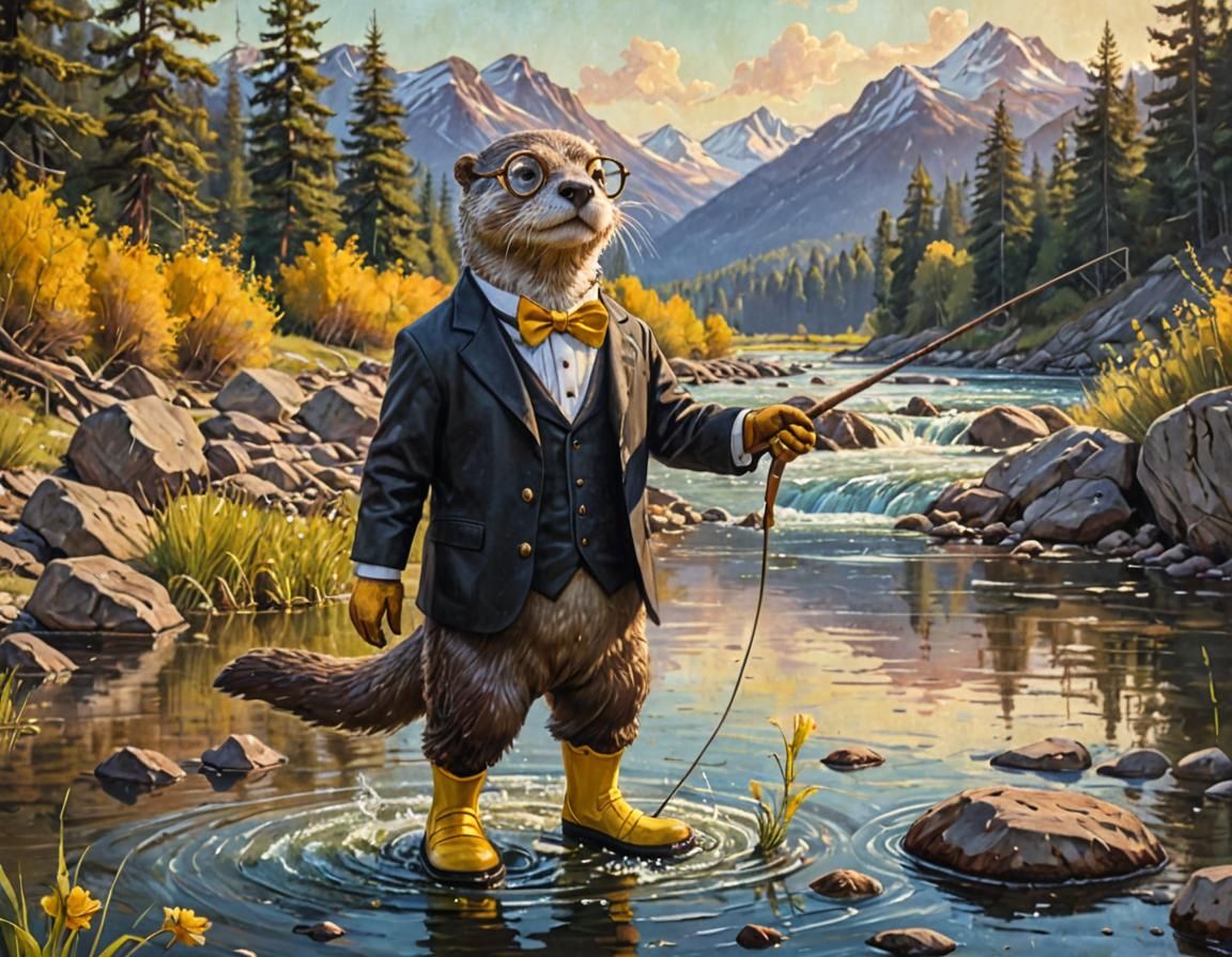 Steampunk Otter Fishing in Rustic Acrylic Painting