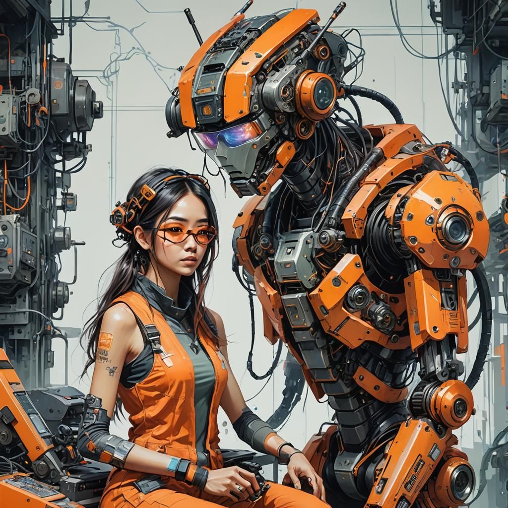 Asian Mechanic Repairs Cyberpunk Battle Robot