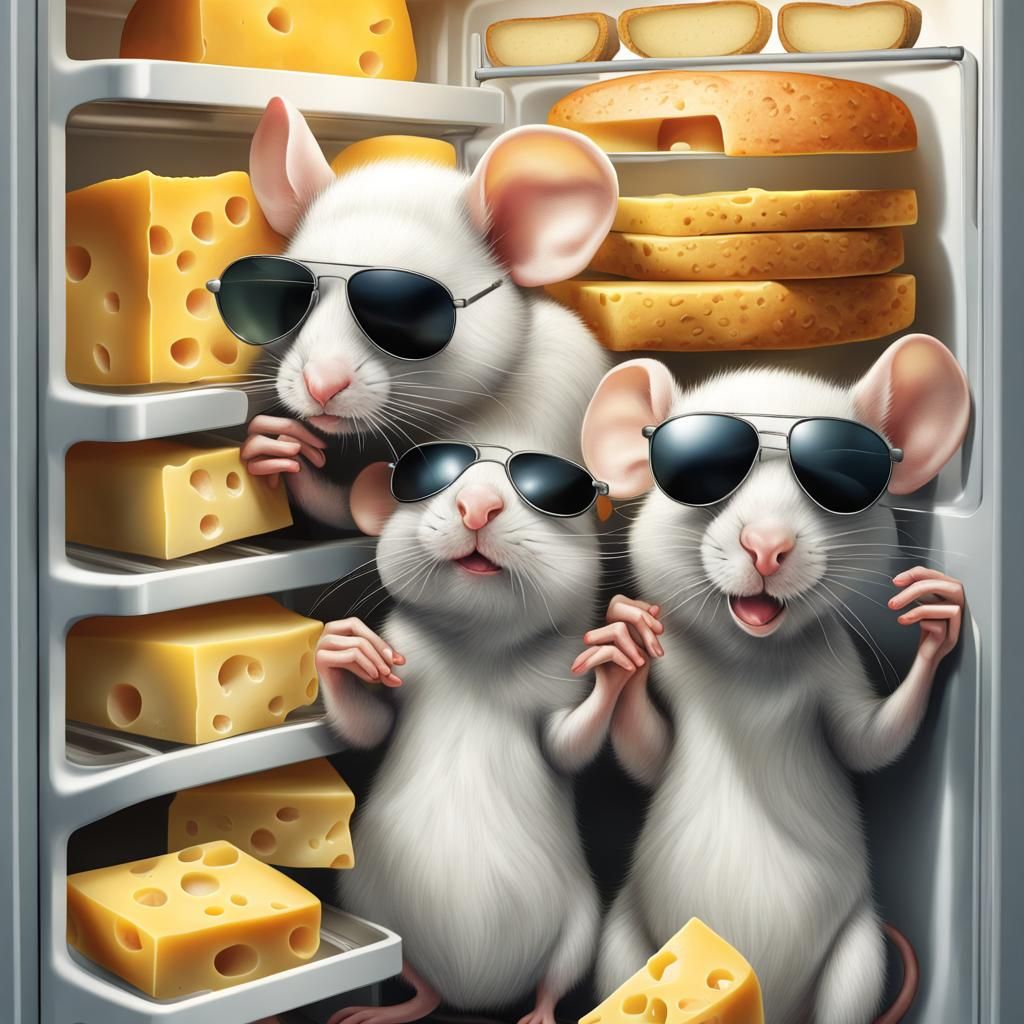 Three Blind white Mice Wearing Sunglasses in a Refrigerator Full-bellied of Cheese