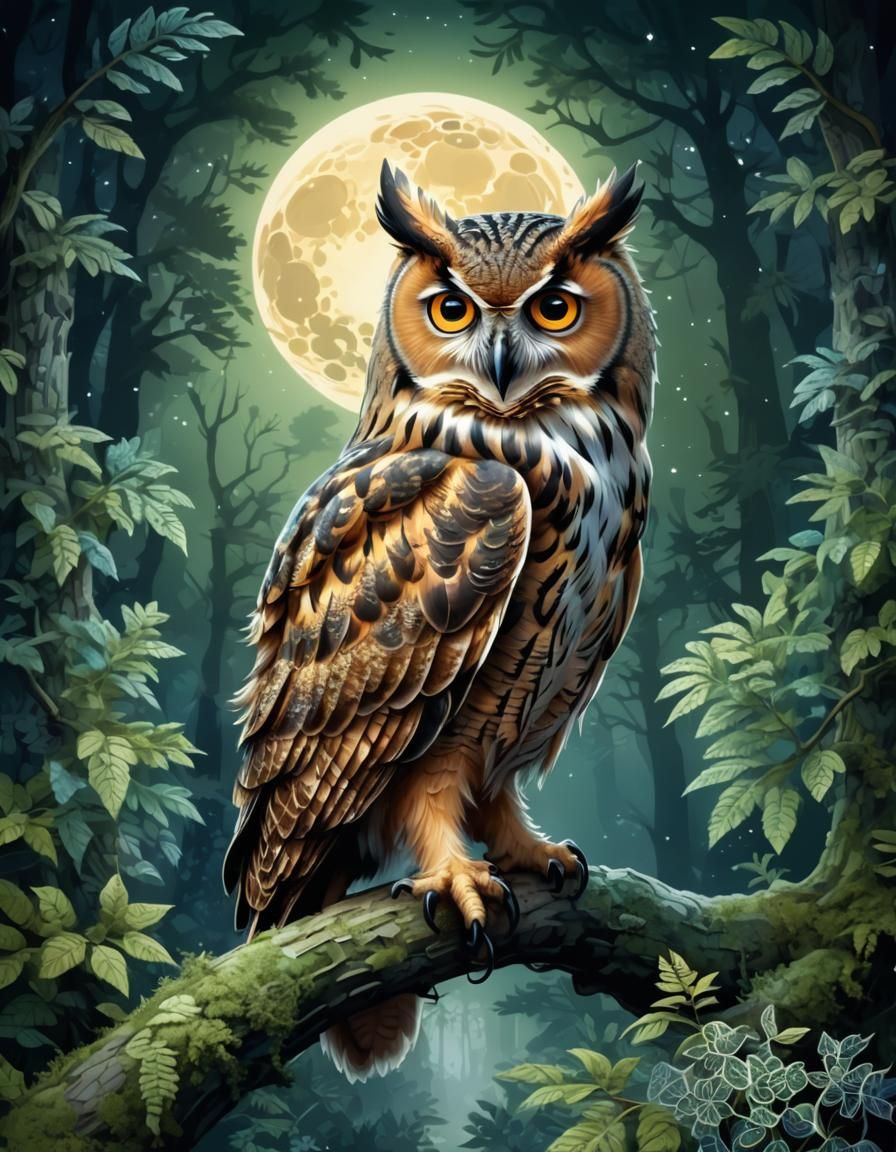 Eagle Owl in Abstract Night Forest, Gouache Style