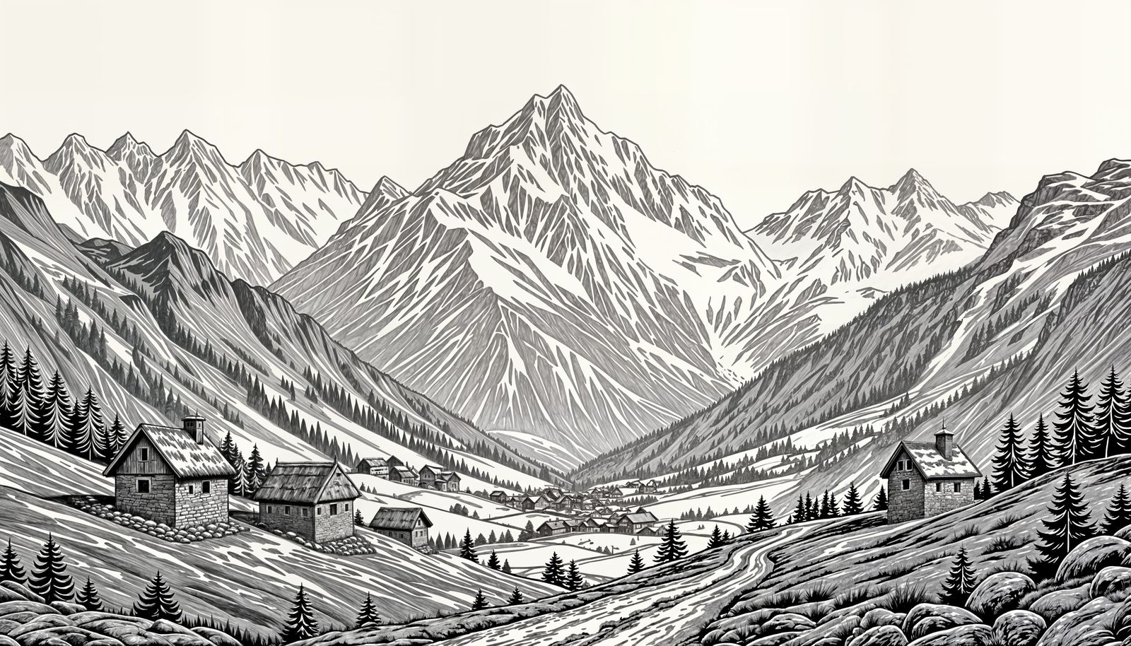 Medieval Swiss Alps Pen and Ink Drawing