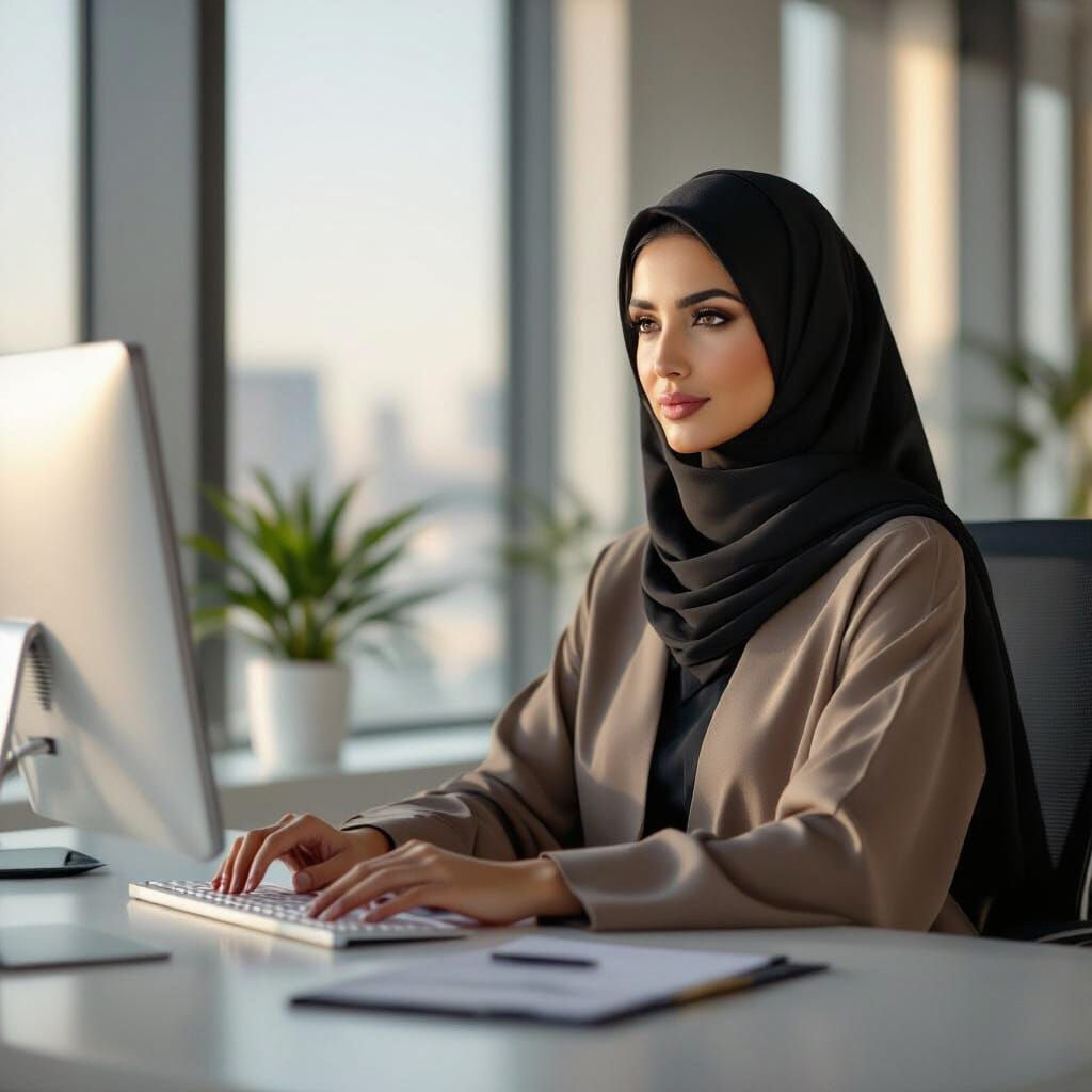 Elegant Saudi Woman in Abaya Working in Modern Office