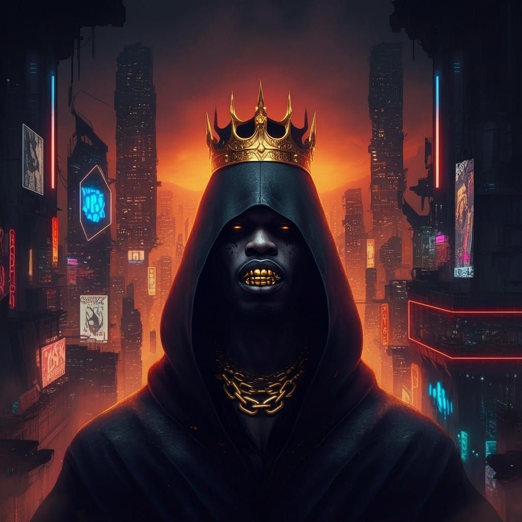 Dystopian King in Cyberpunk Cityscape