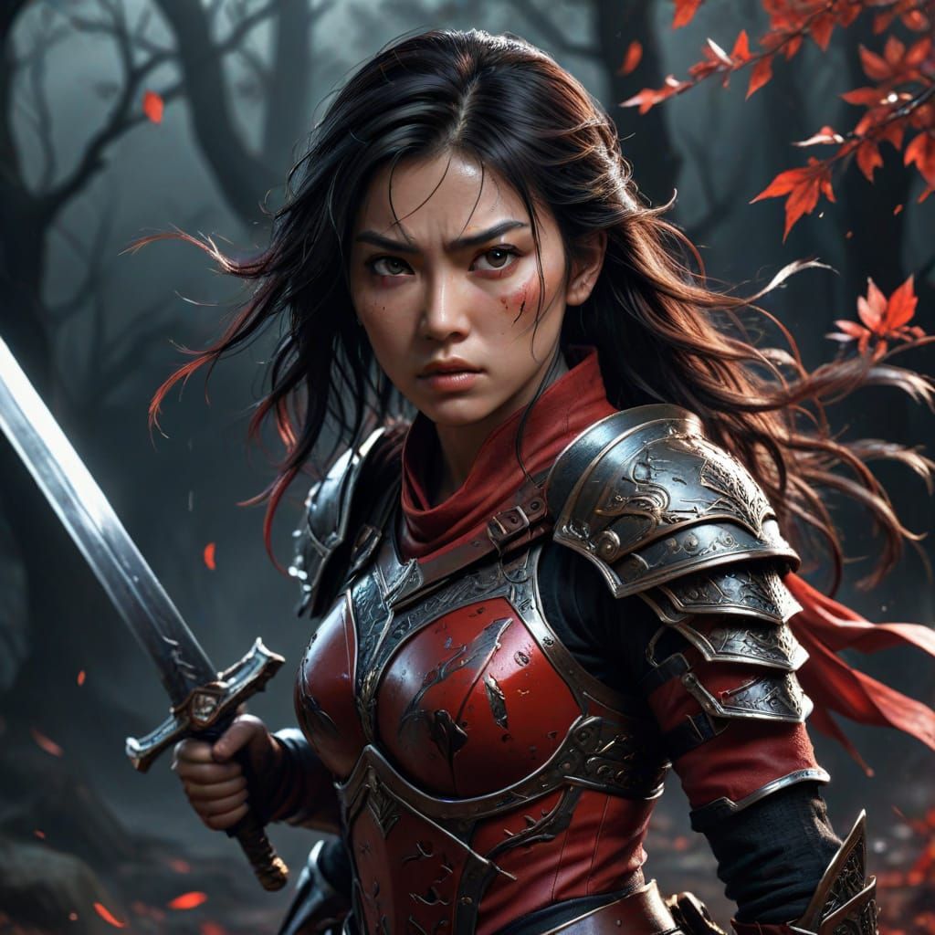 Epic Warrior Princess in Red and Black Armor