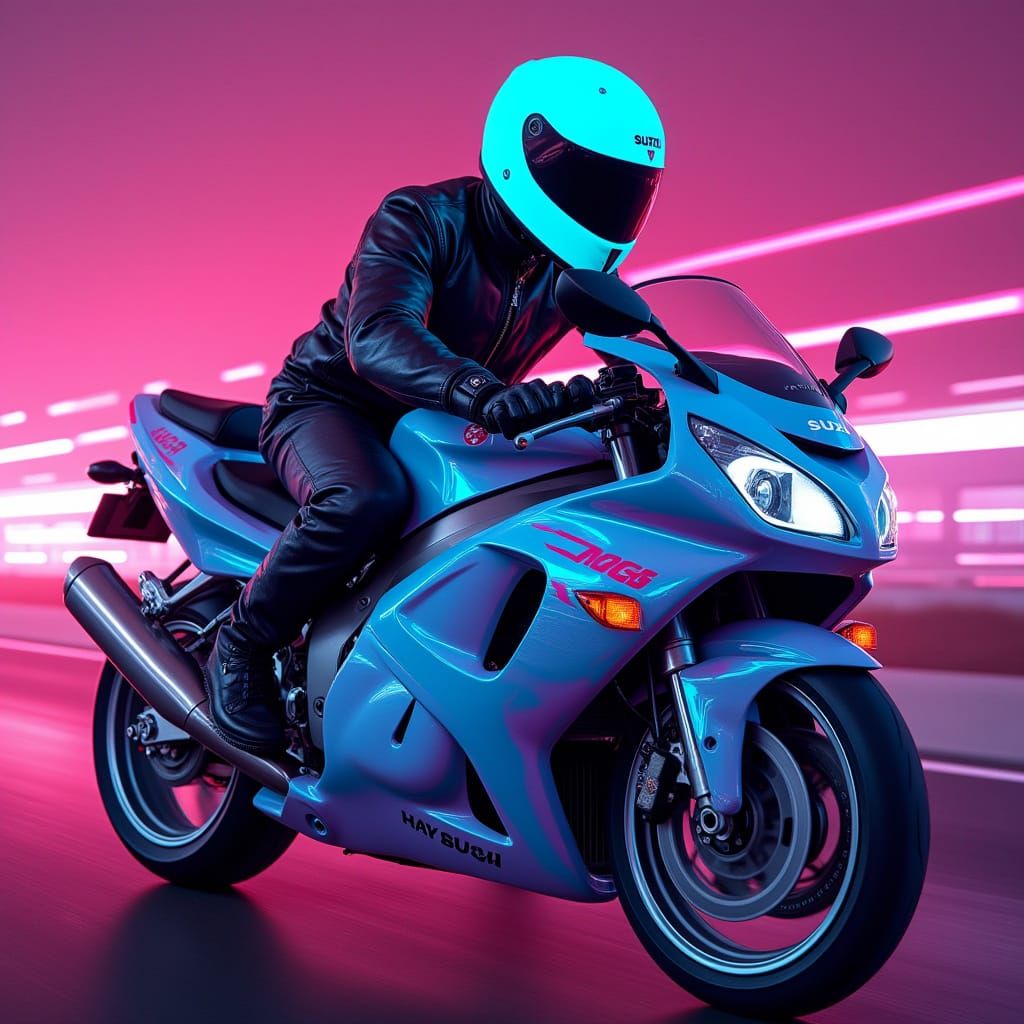 Futuristic Biker Rides Neon Suzuki Hayabusa