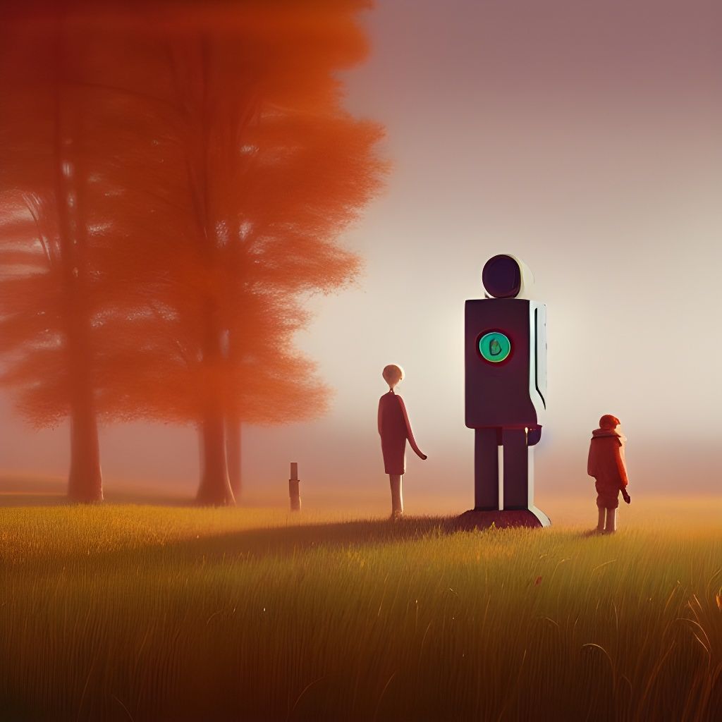 Giant Robot Discovery in Autumn Meadow: Hyperrealistic Paint...