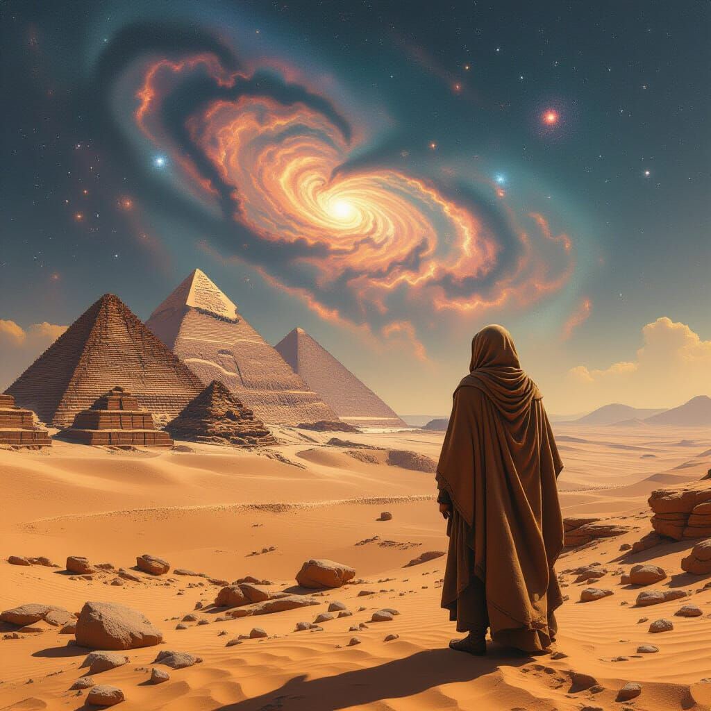 Wanderer Gazes at Pyramids Under Swirling Nebulae