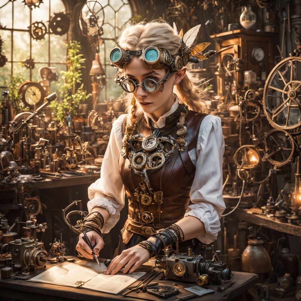 Steampunk Elf Crafts Clockwork Insect in Cozy Workshop