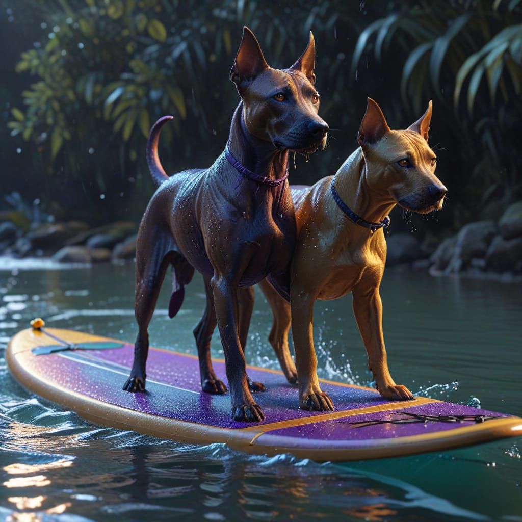 Surreal Surfing Canine Duo Rides Lake Waves Under Golden Hou...
