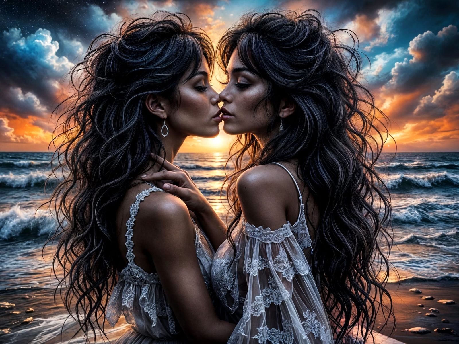 Ebony Female Lovers Embrace on Moonlit Beach