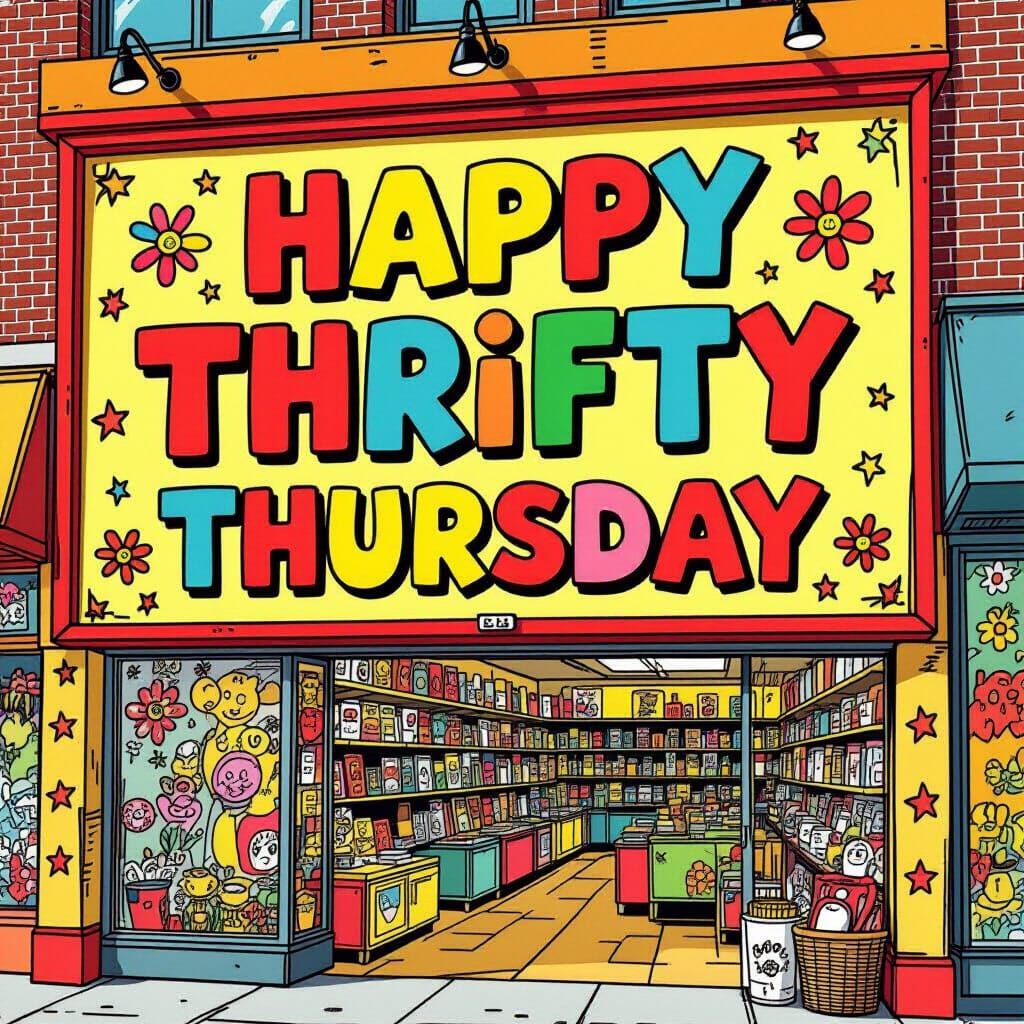 Happy Thrifty Thursday Sign at Bustling Thrift Store