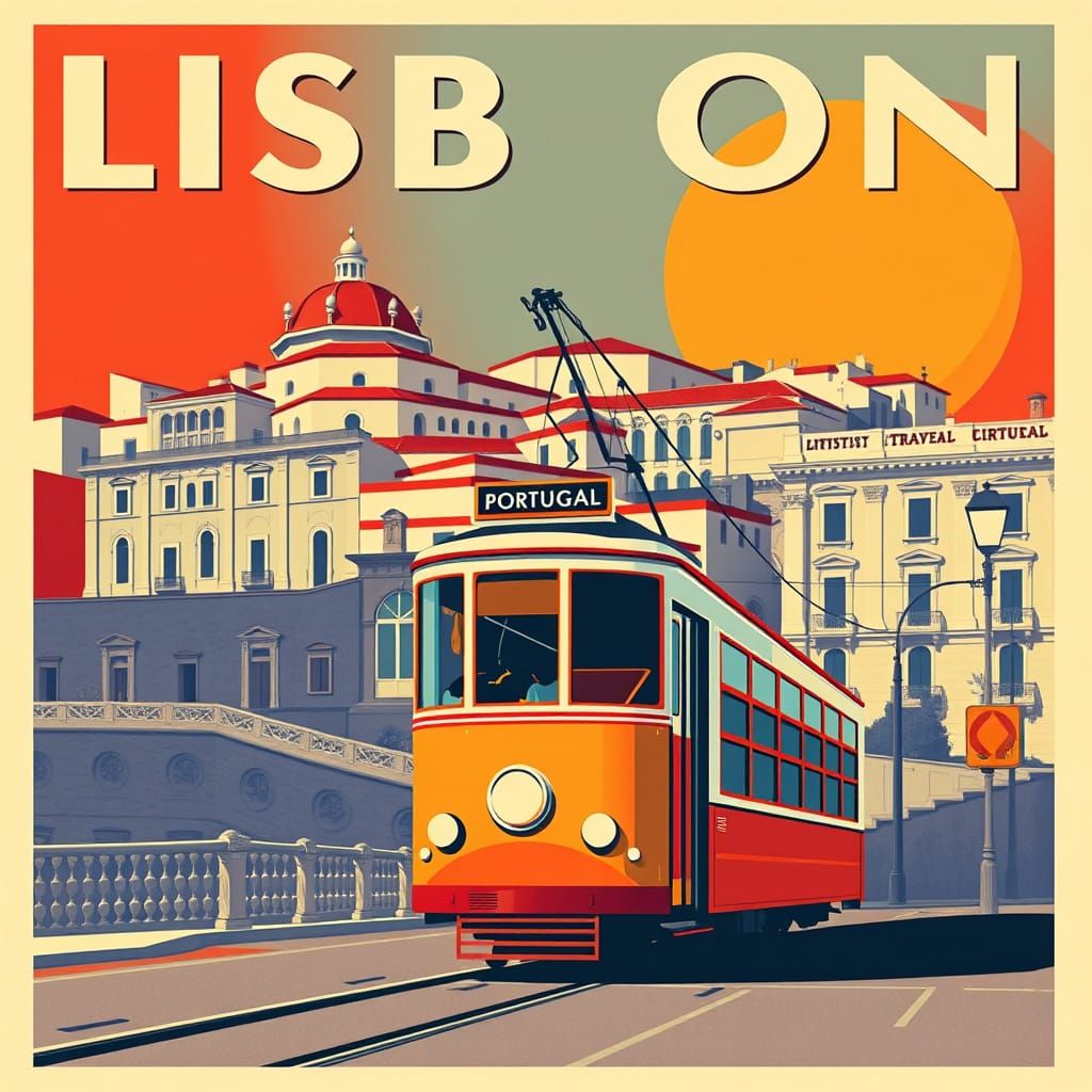 Lisbon Travel Poster in Art Deco Style
