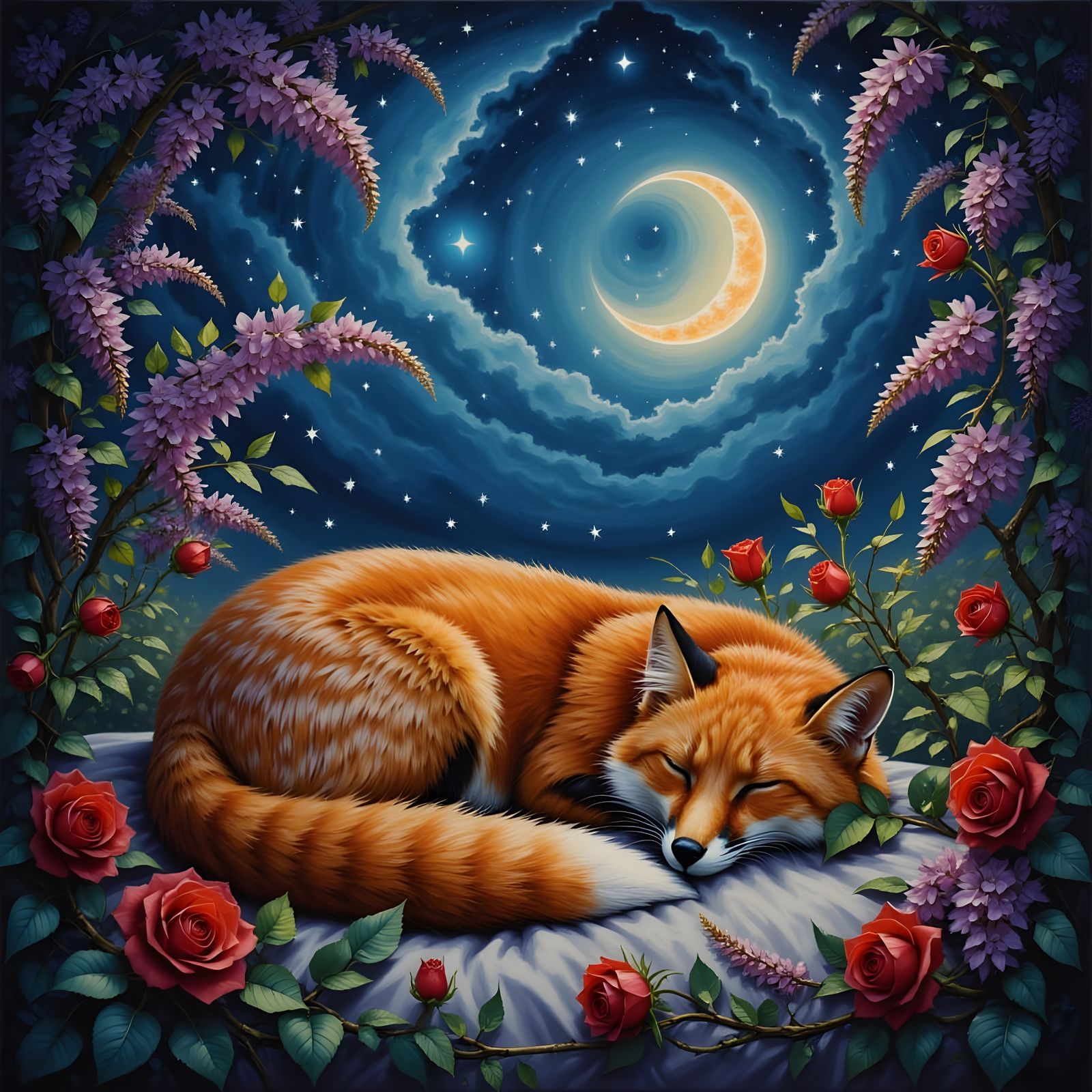 Fox Sleeping Under Starry Sky with Flowers
