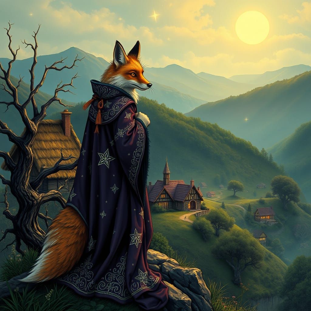 Fox Wizard Overlooking Village in Art Nouveau Style
