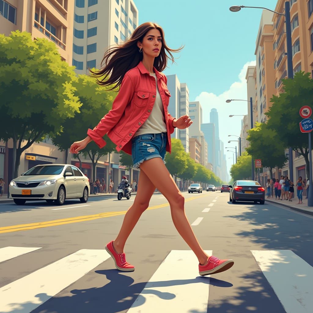 Woman Running Free in Vibrant Cityscape