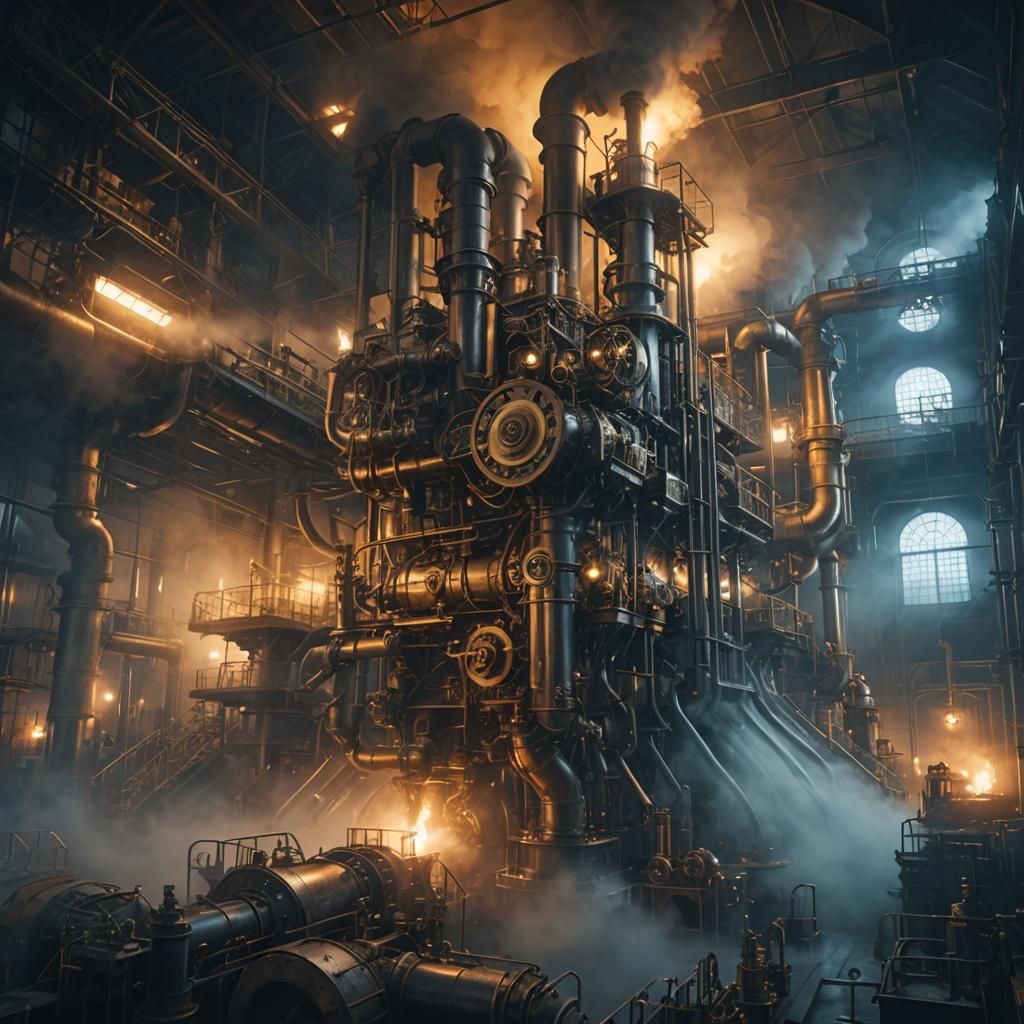 Steampunk Factory Interior in Cinematic Horror Style