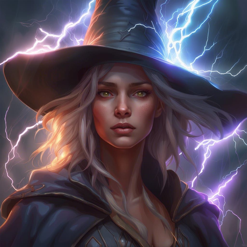 Young Witch with Lightning, Hyperdetailed Portrait