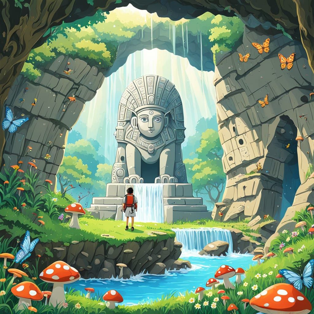 Mystical Cave Sanctuary in a Vibrant Studio Ghibli Style