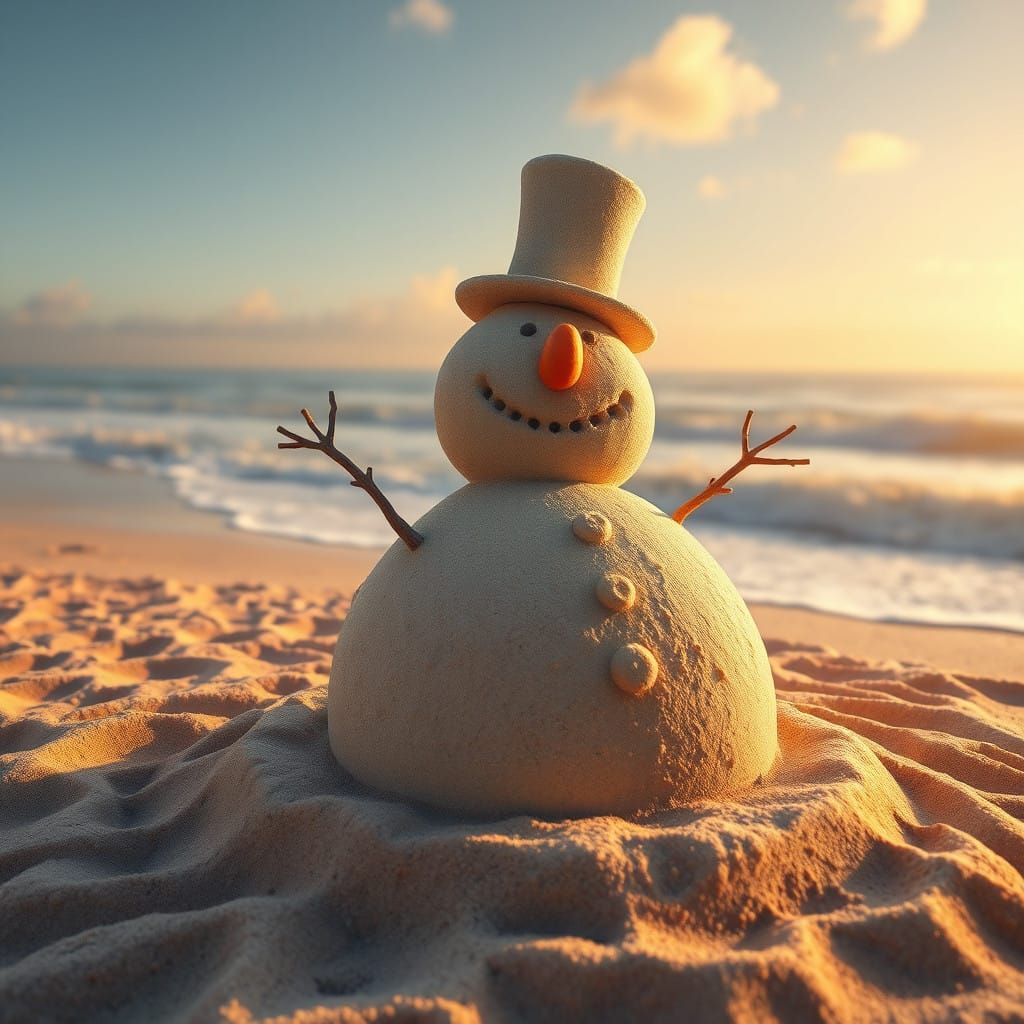 Whimsical Sand Snowman Sculpture on Beach