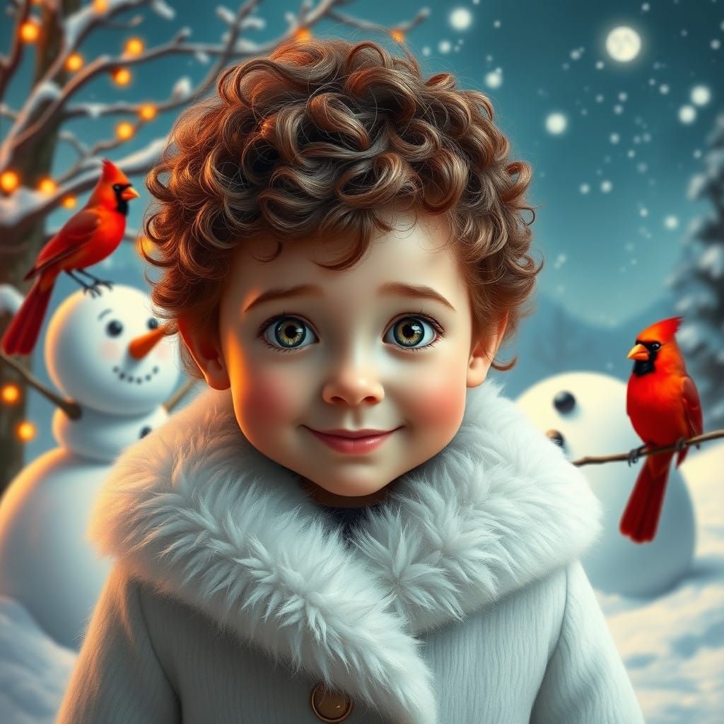 Gentle Child in White Fur Coat Surrounded by Vibrant Winter...