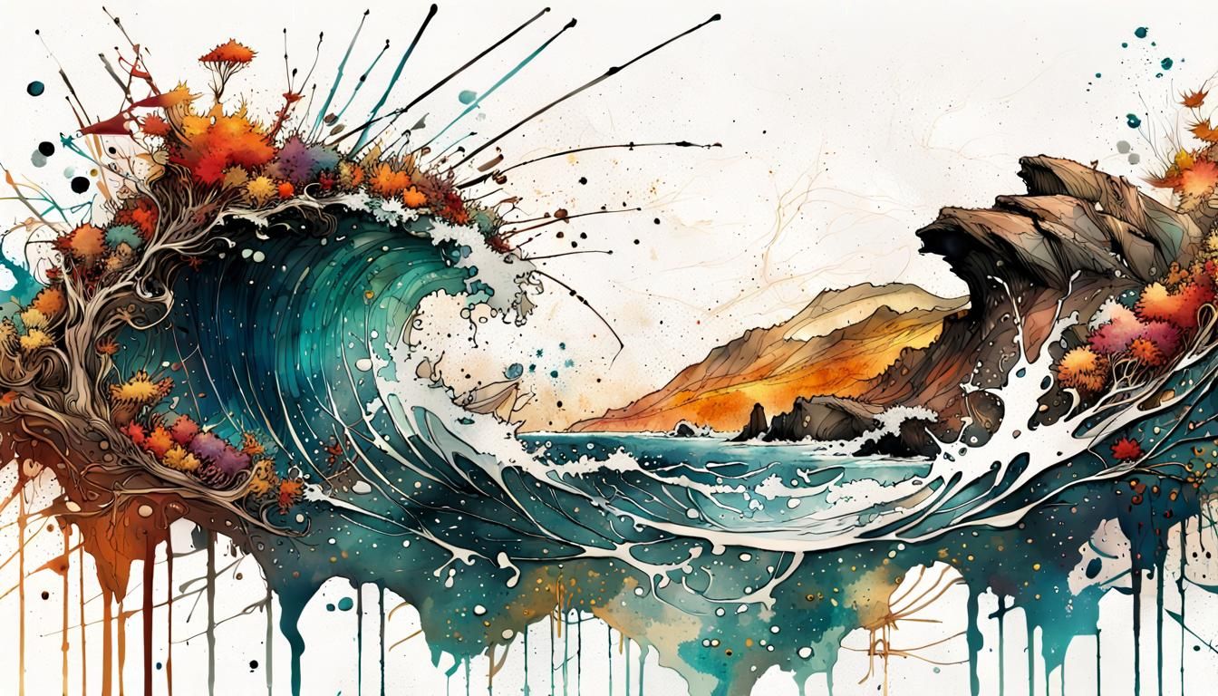 Splatter Ink Oceanscape in Watercolor Style