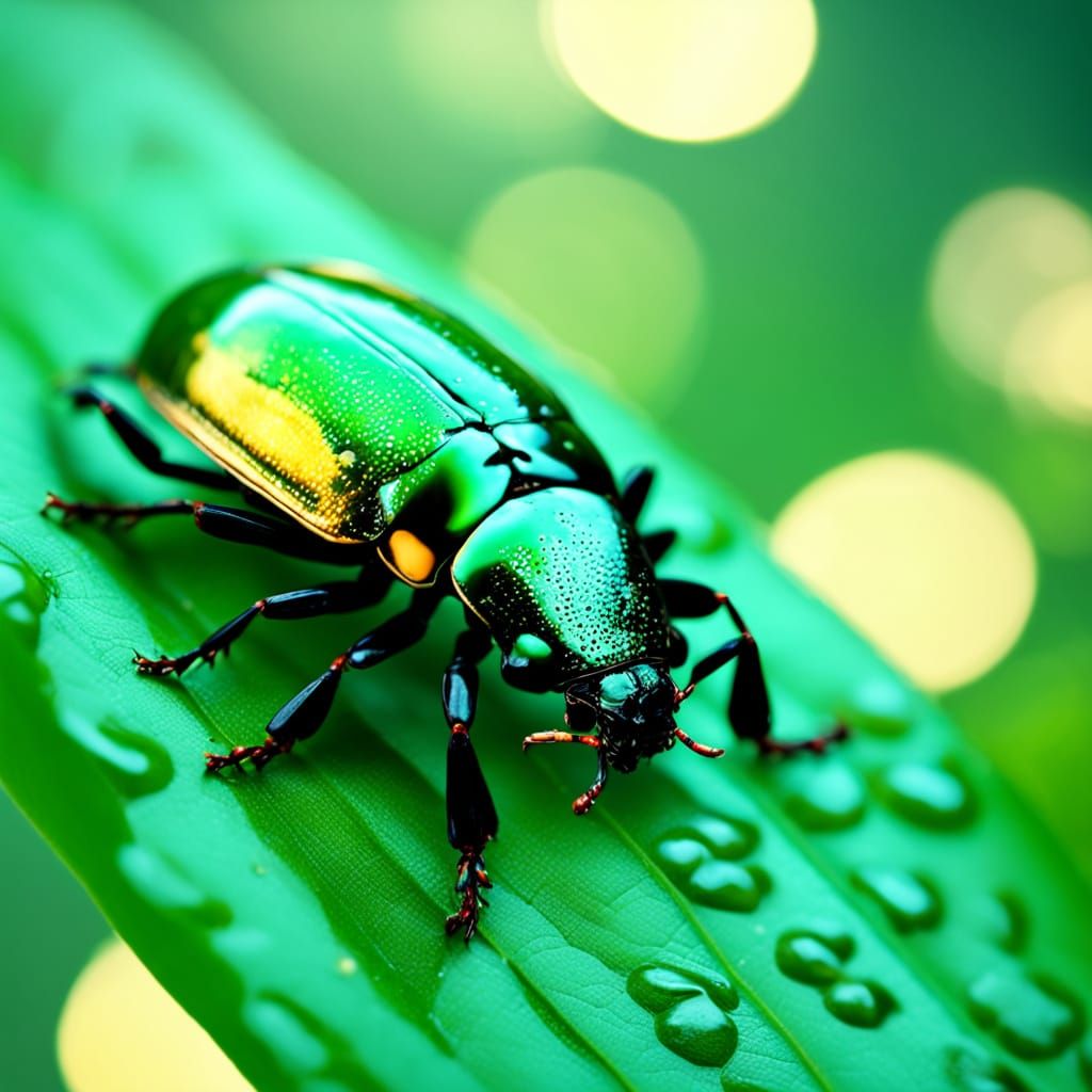 Detailed Macro Photo of Beetle on Green Leaf