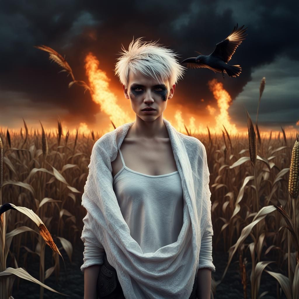 Ethereal Punk Woman in Burning Cornfield