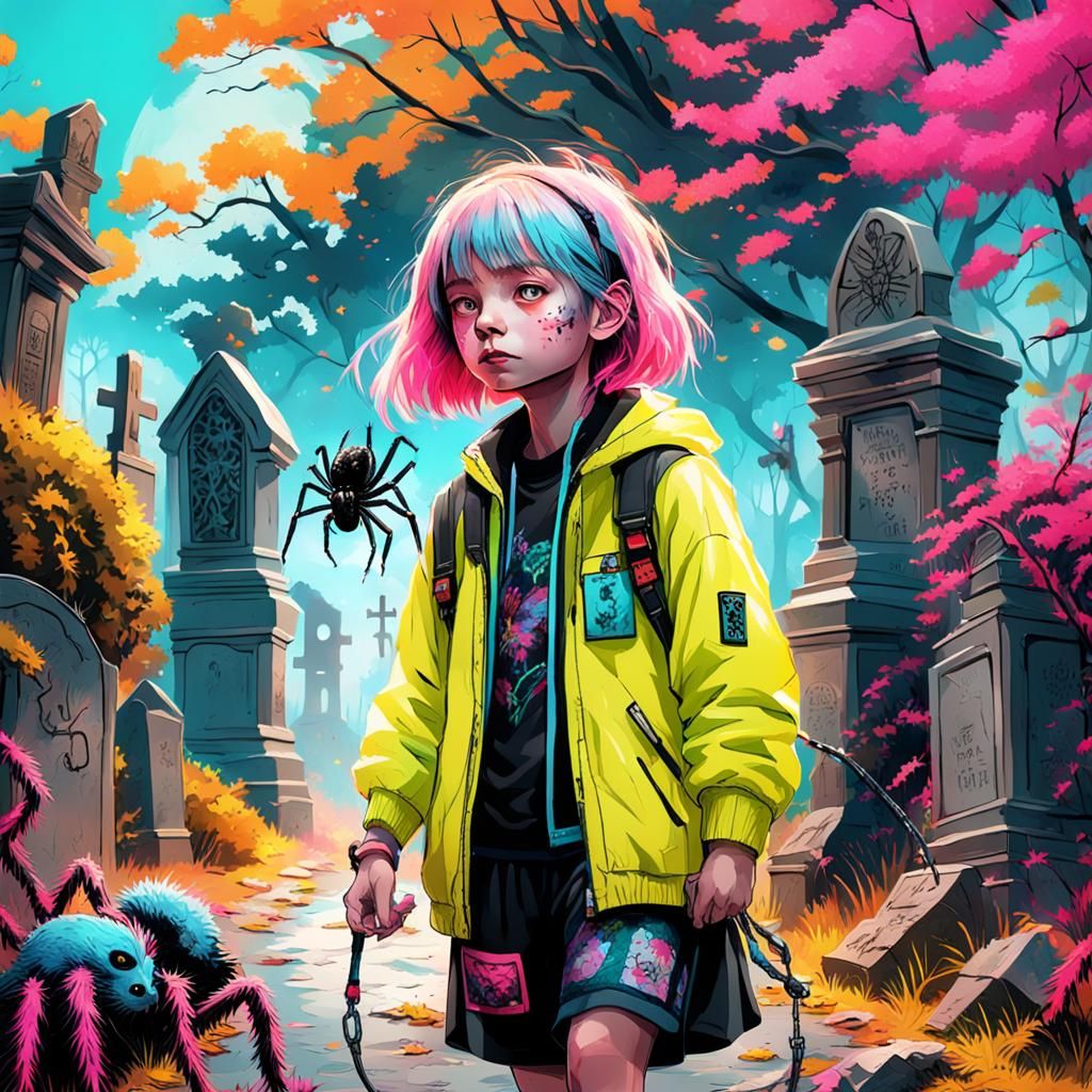 Girl Walking Spider in Cemetery, as 3D Rendered Art