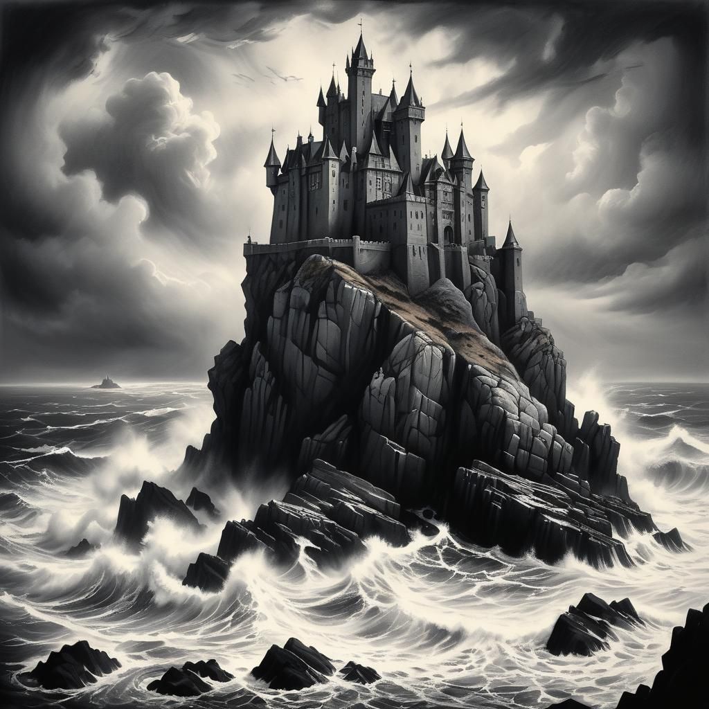 Majestic Castle Charcoal Drawing with Gothic Arches