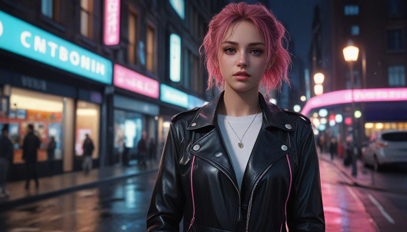 Anime Woman in Neon Cityscape