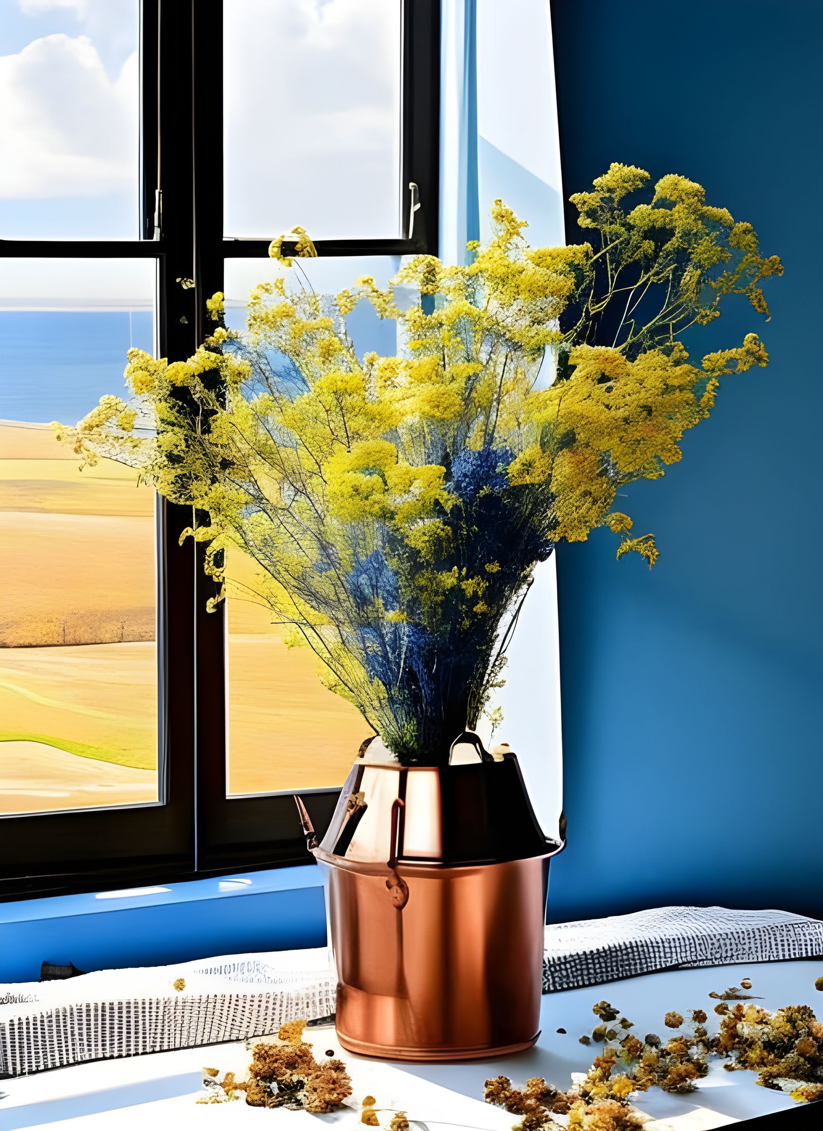 Hyperrealistic Still Life of Flowers on Butcher Table