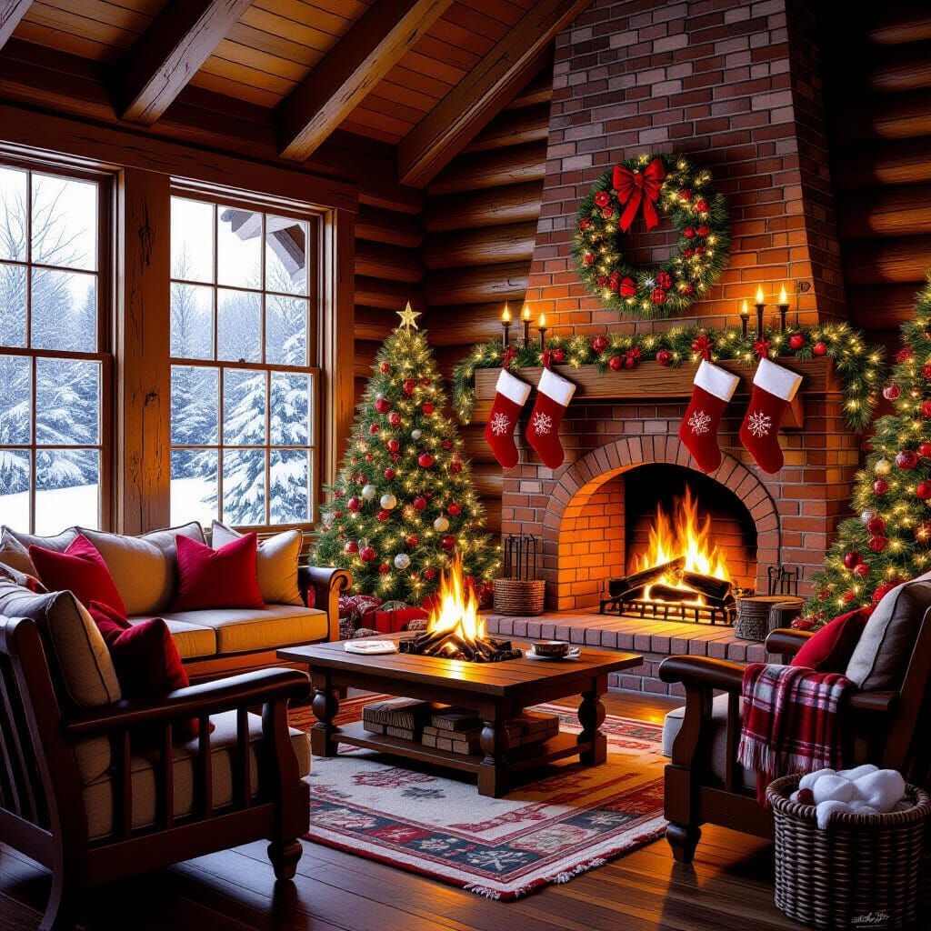 Cozy Log Cabin with Crackling Fireplace and Christmas Decor