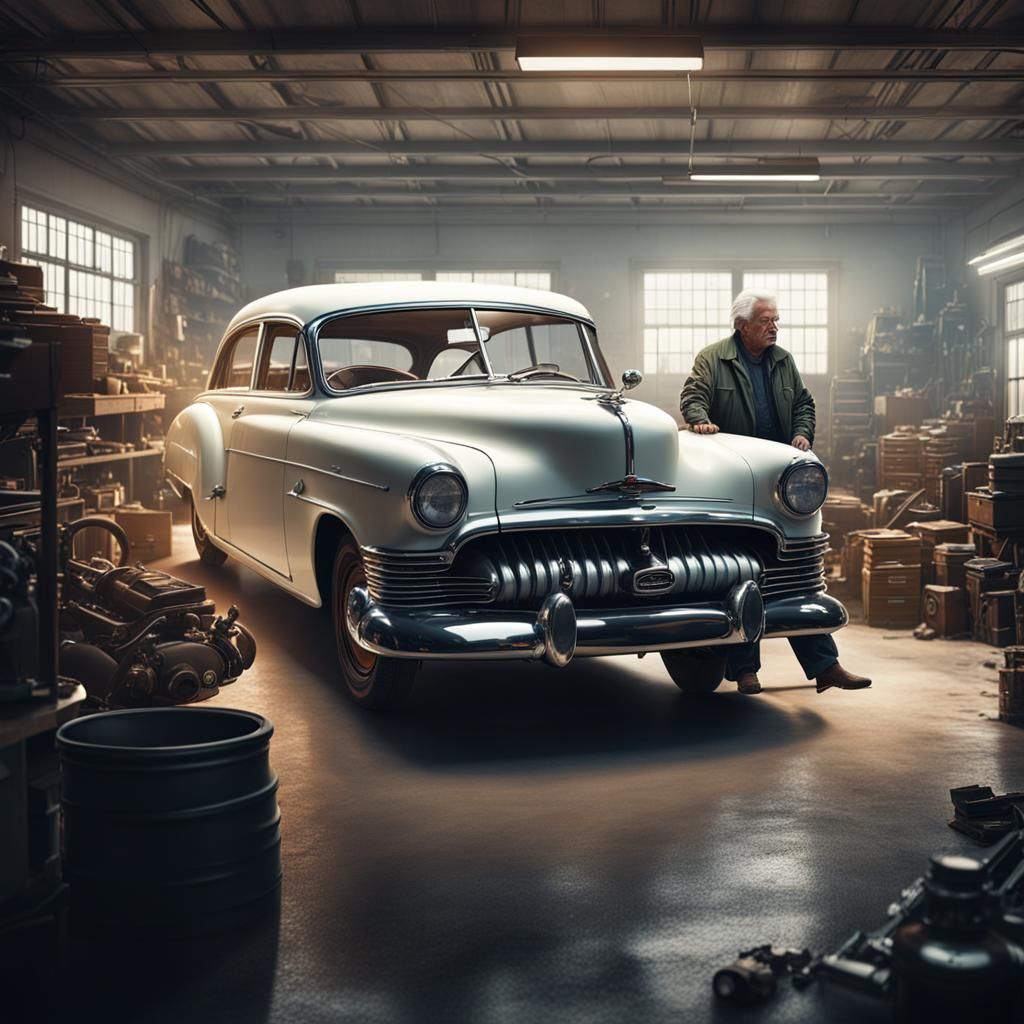 Vintage Car Collector in White Garage: Digital Matte Paintin...