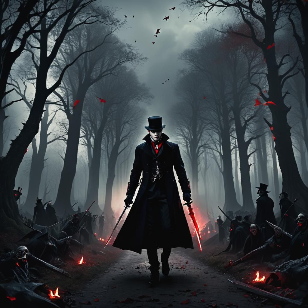 Gothic Vampire with Sword in Dark Forest