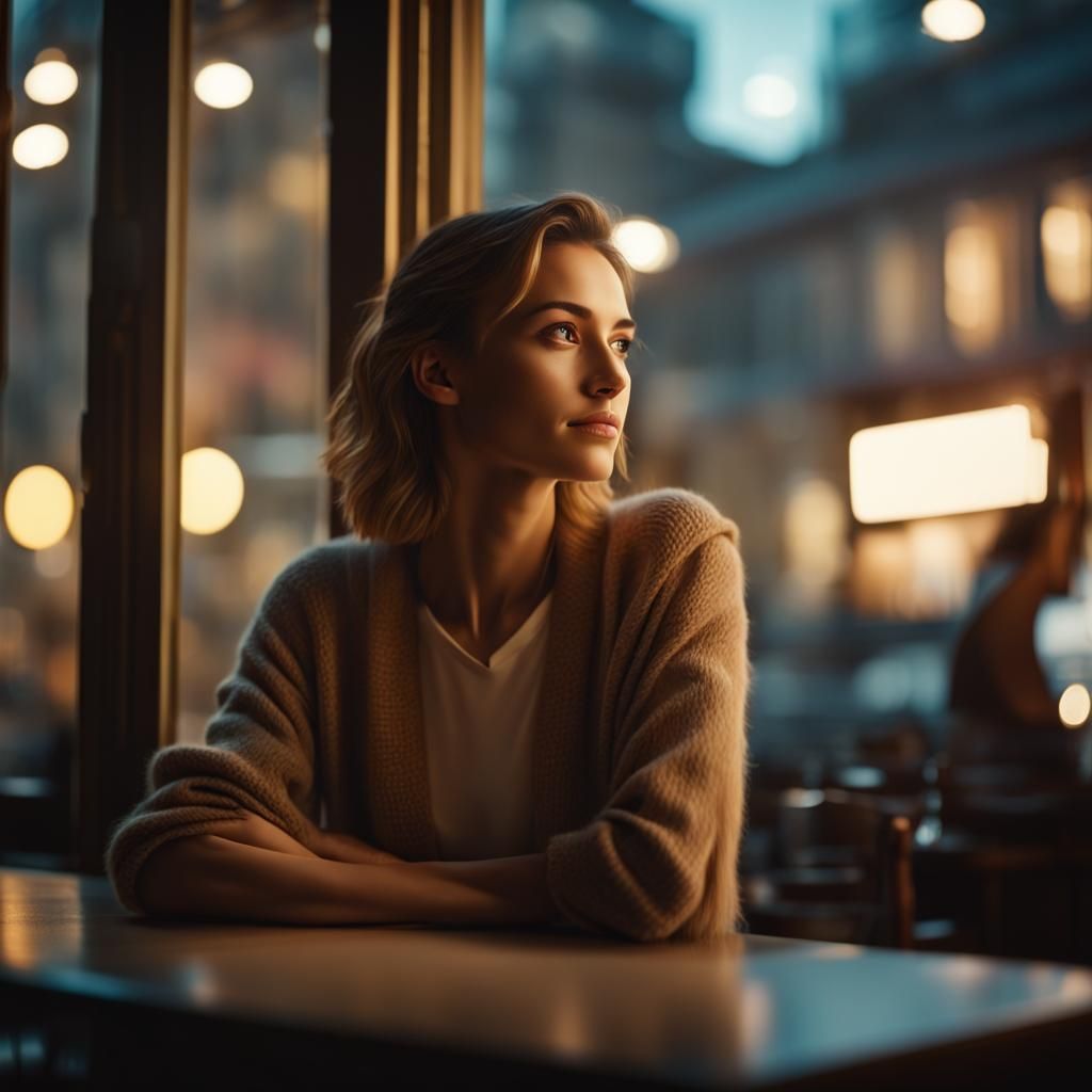 Woman in Cafe Window at Night in Atmospheric Style