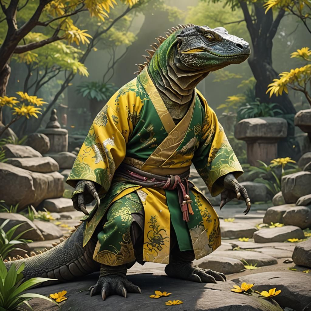 Komodo Dragon in Kimono: Detailed Matte Painting
