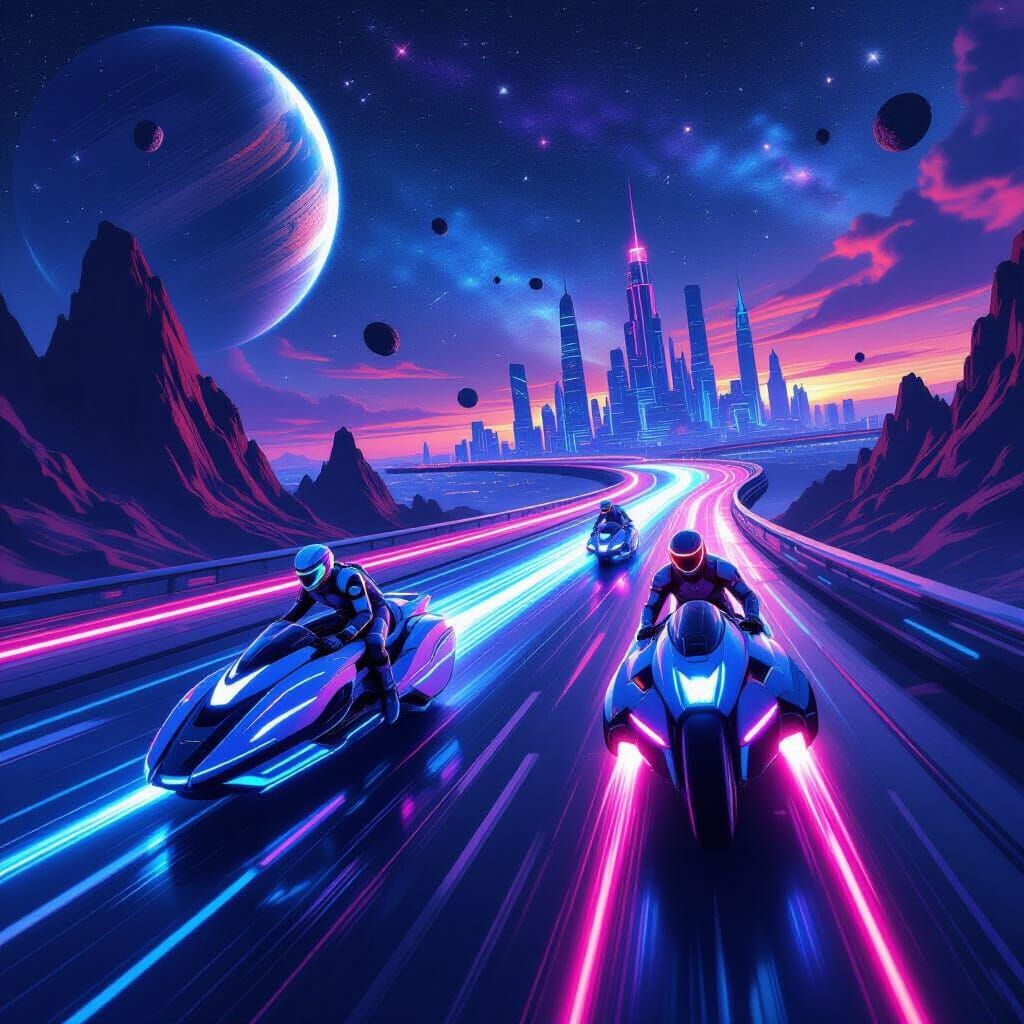 Futuristic Space Bikes Race on Cosmic Highway