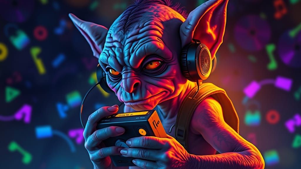 Goblin Listens to Walkman in Dark Fantasy Style