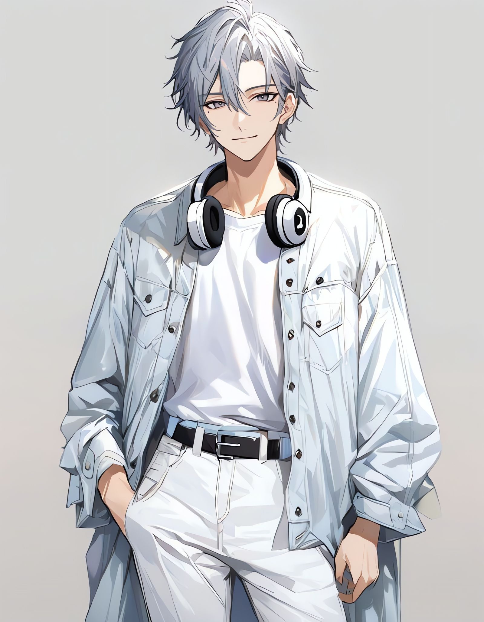 Stylish Bishounen with White Hair on White Background