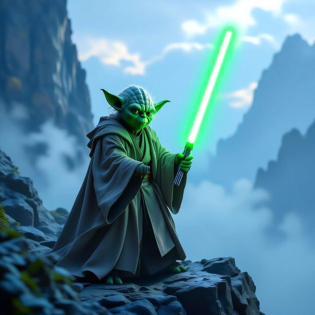 Yoda on Rocky Cliff with Lightsaber, Cinematic 3D Render