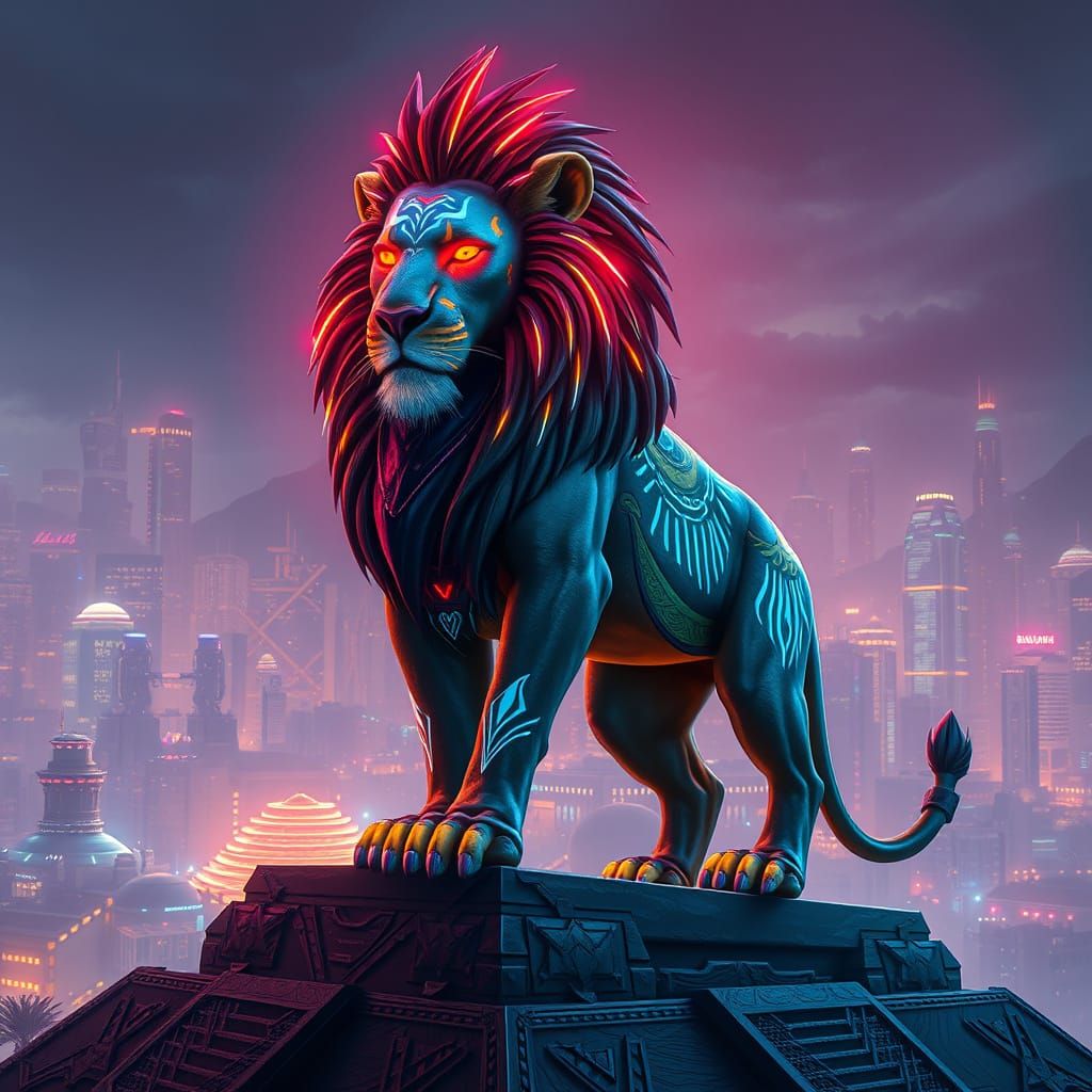 Lion in Cyberpunk Cityscape with Fiber Optic Mane
