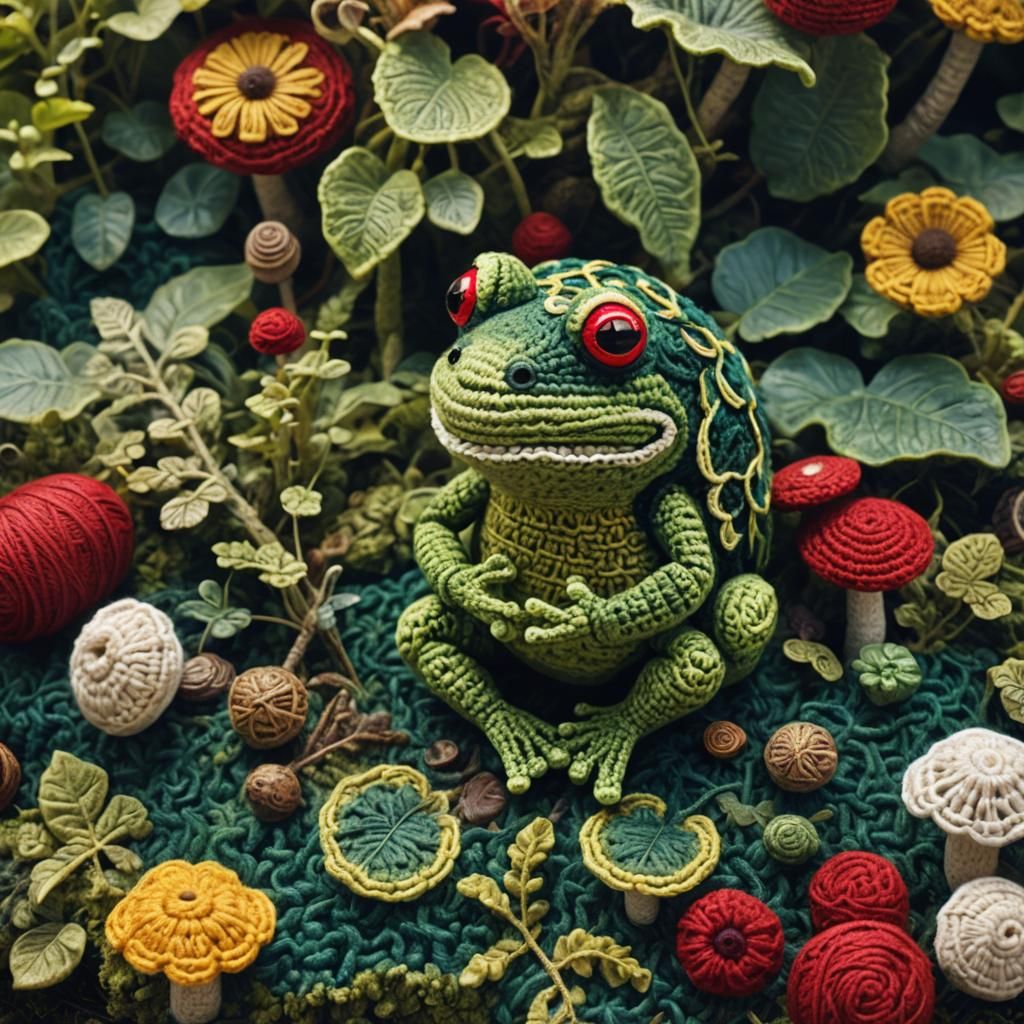 Yarn Frog on Mushroom: Fantasy Crochet Art