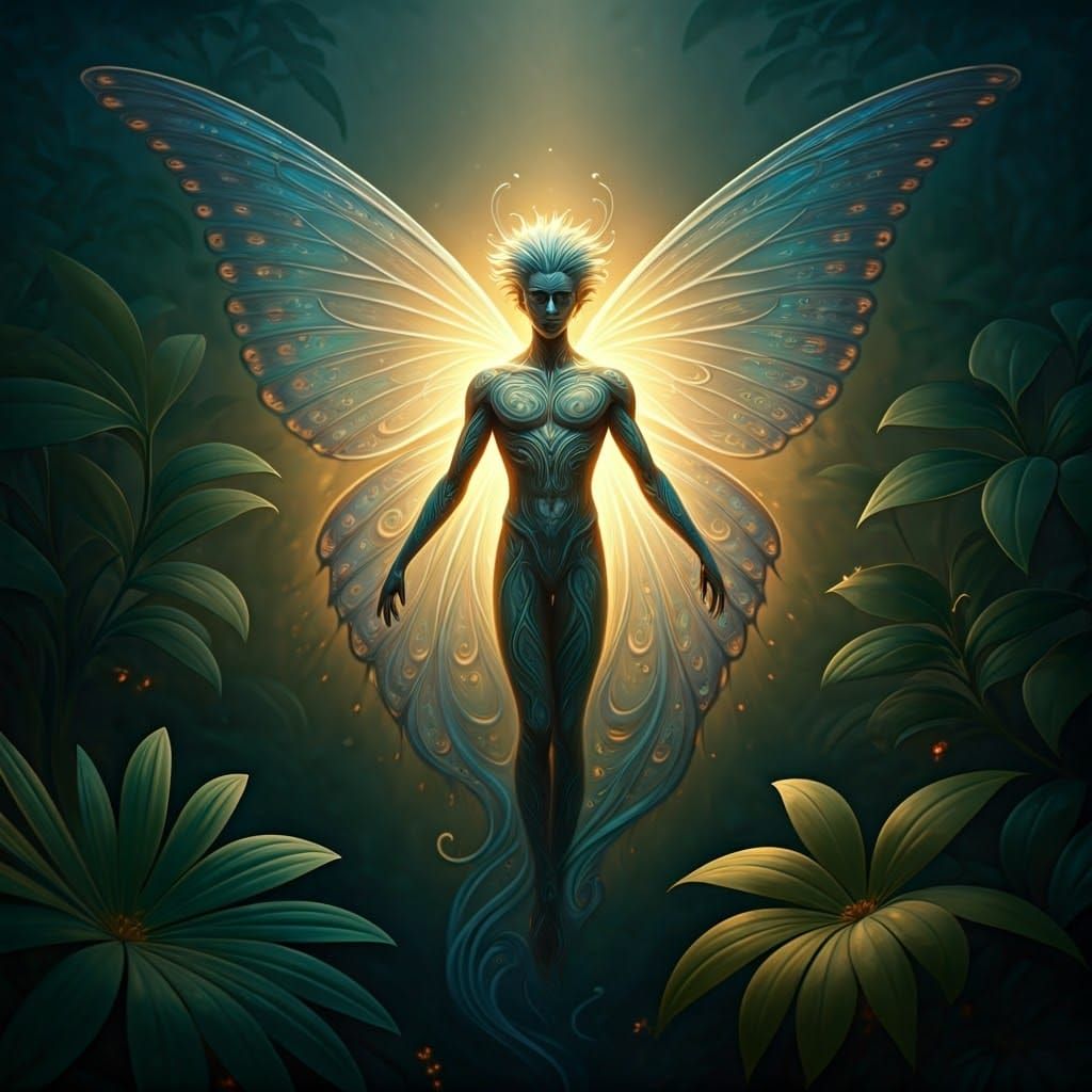 Iridescent Butterfly Man Emerges in Ethereal Landscape