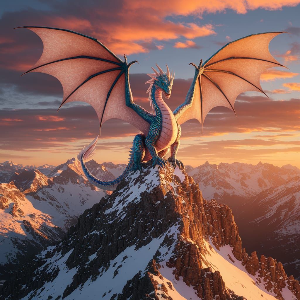 Majestic Dragon Perched on Mountain Peak at Sunset